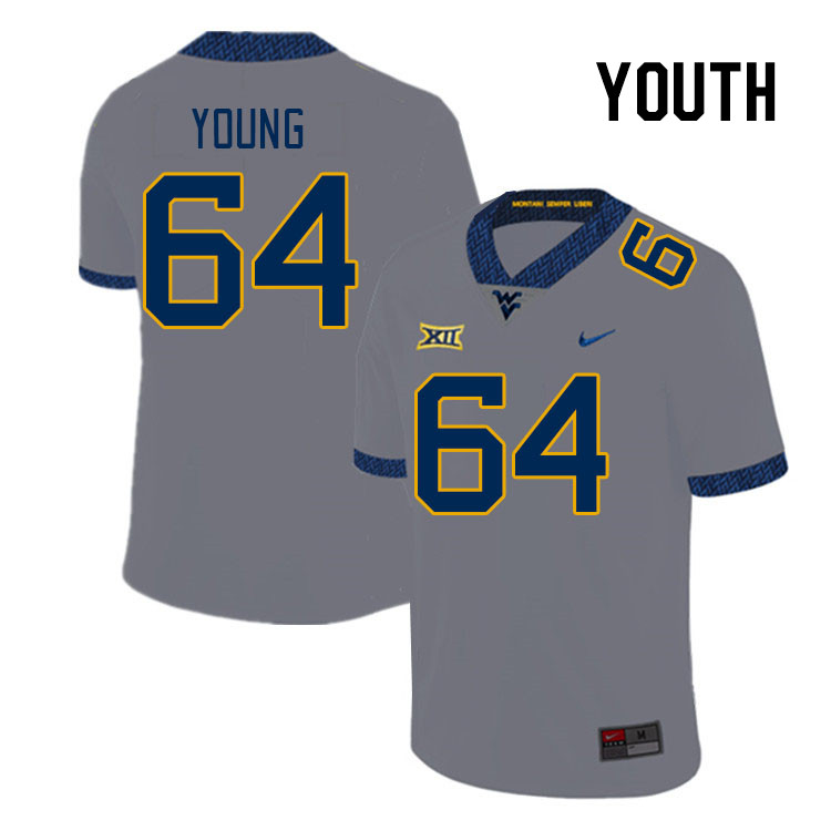 Youth #64 Cooper Young West Virginia Mountaineers College Football Jerseys Stitched Sale-Gray